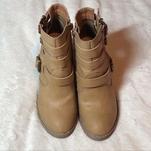 JustFab "Leiland" Stacked Heel Bootie - Beige